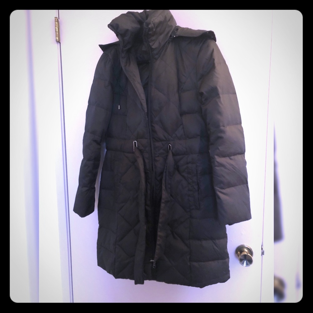 Kenneth Cole Satin Belted Jacket w/ Faux Fur Hood